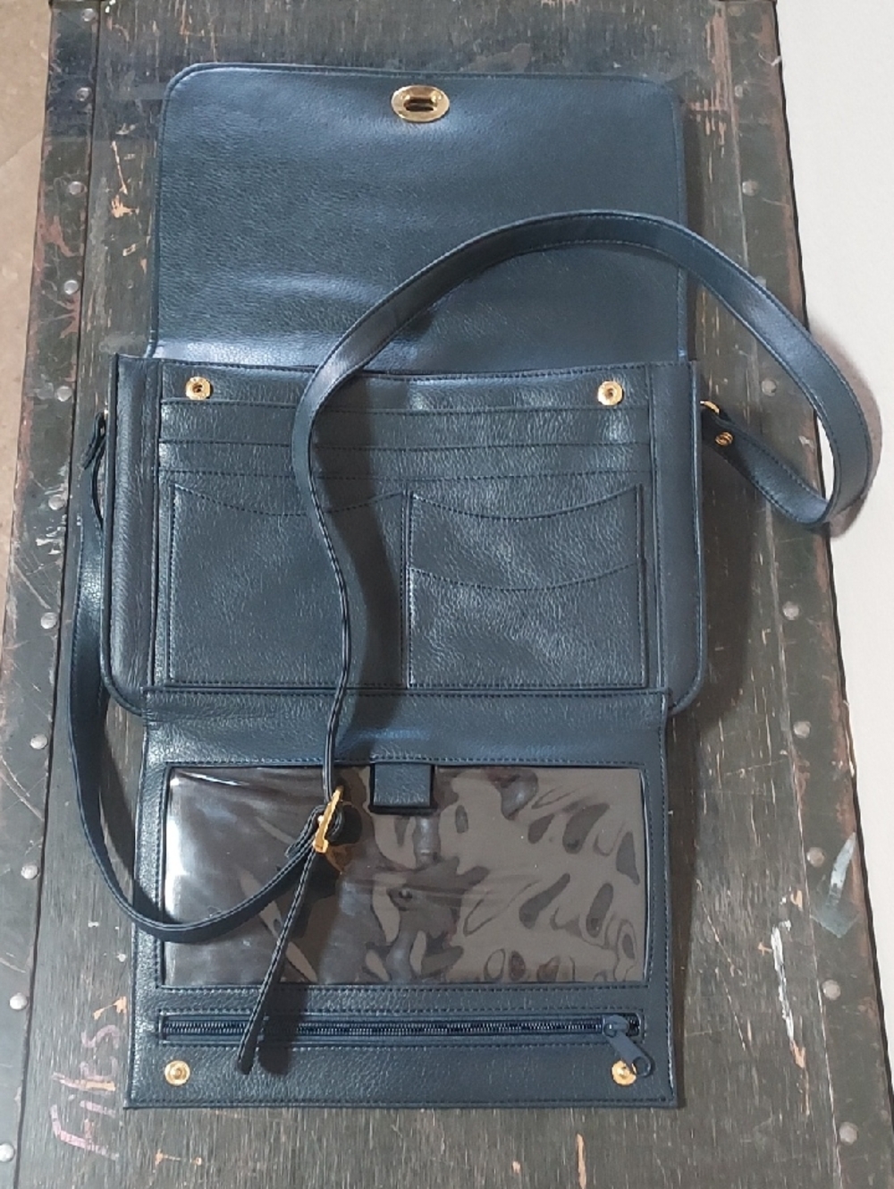 Classic Navy Leather Crossbody Wallet with Gold-Tone Accents